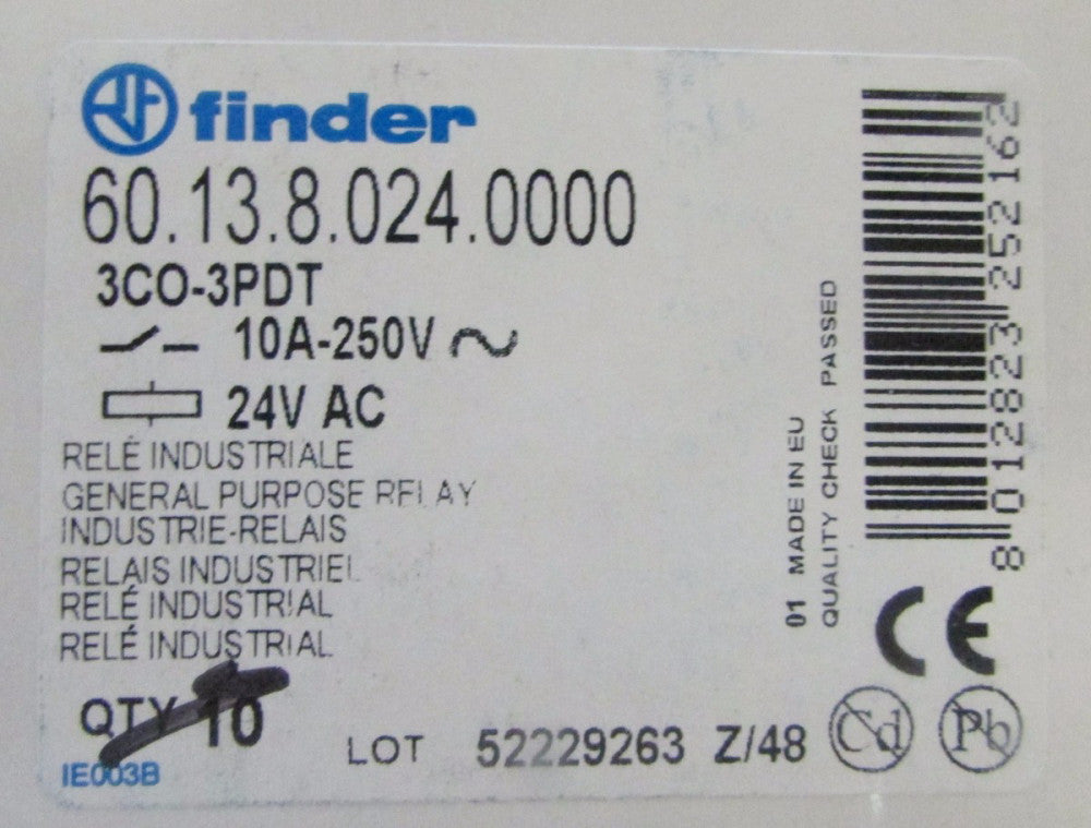 FINDER 60.13.8.024.0000 3 CO-3PDT 10 Amp 24 VAC Relay 60 13 8 024 0000