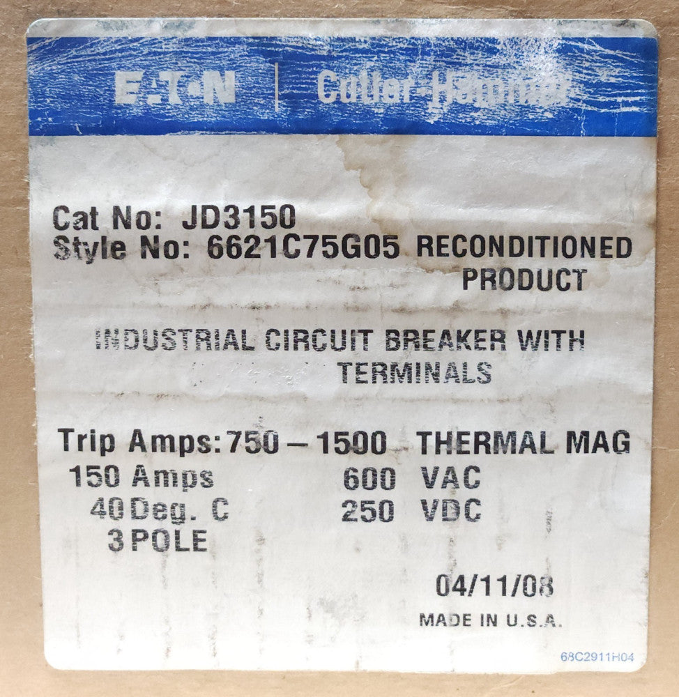 EATON CUTLER HAMMER JD3150 3 Pole 150 AMP Type JD 35K Circuit Breaker LINE and l