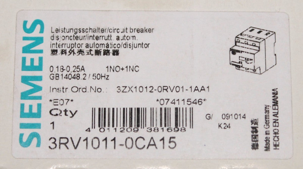 SIEMENS Manual Motor Protector Breaker .18-.25 Amp 3RV1011 0CA15