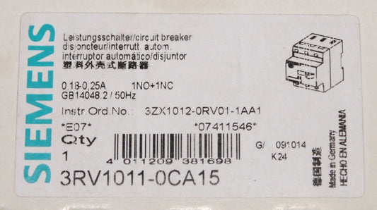 SIEMENS Manual Motor Protector Breaker .18-.25 Amp 3RV1011 0CA15
