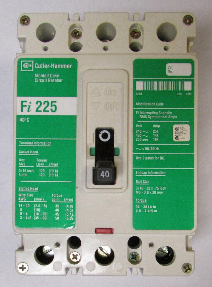 EATON CUTLER HAMMER Fi3040L 3 Pole 40 Amp Type Fi Universal Line Circuit Breaker