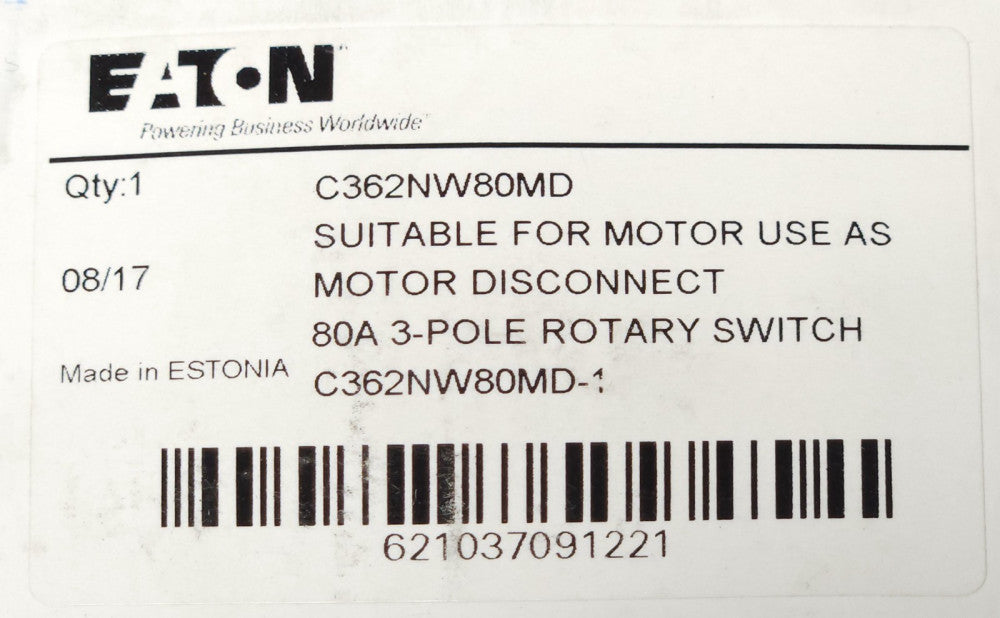 EATON CUTLER HAMMER C362NW80MD 3 Pole 80 AMP Rotary Switch Motor Disconnect Rate