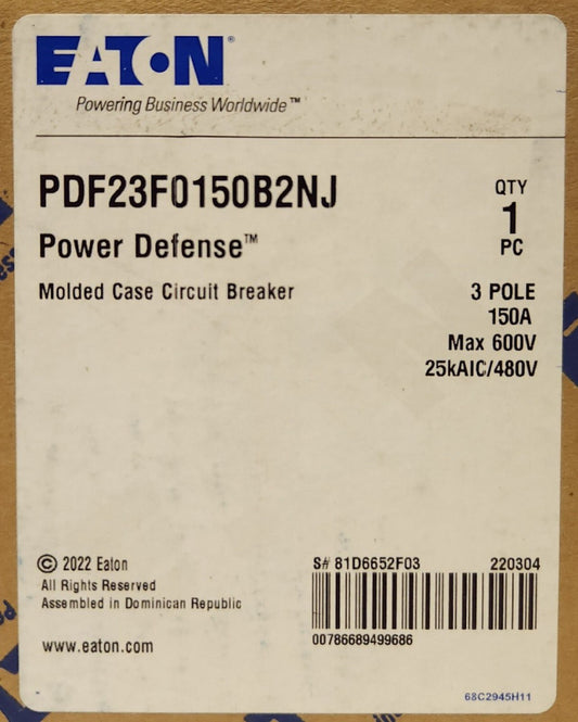 EATON PDF23F0150B2NJ 3 Pole 150 AMP PDF2 Power Defense 50-10 AMP Circuit Breaker