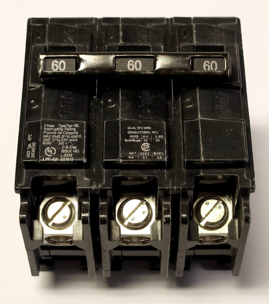 SIEMENS B360HH 3 Pole 60 AMP Type HBL Circuit Breaker Bolt In
