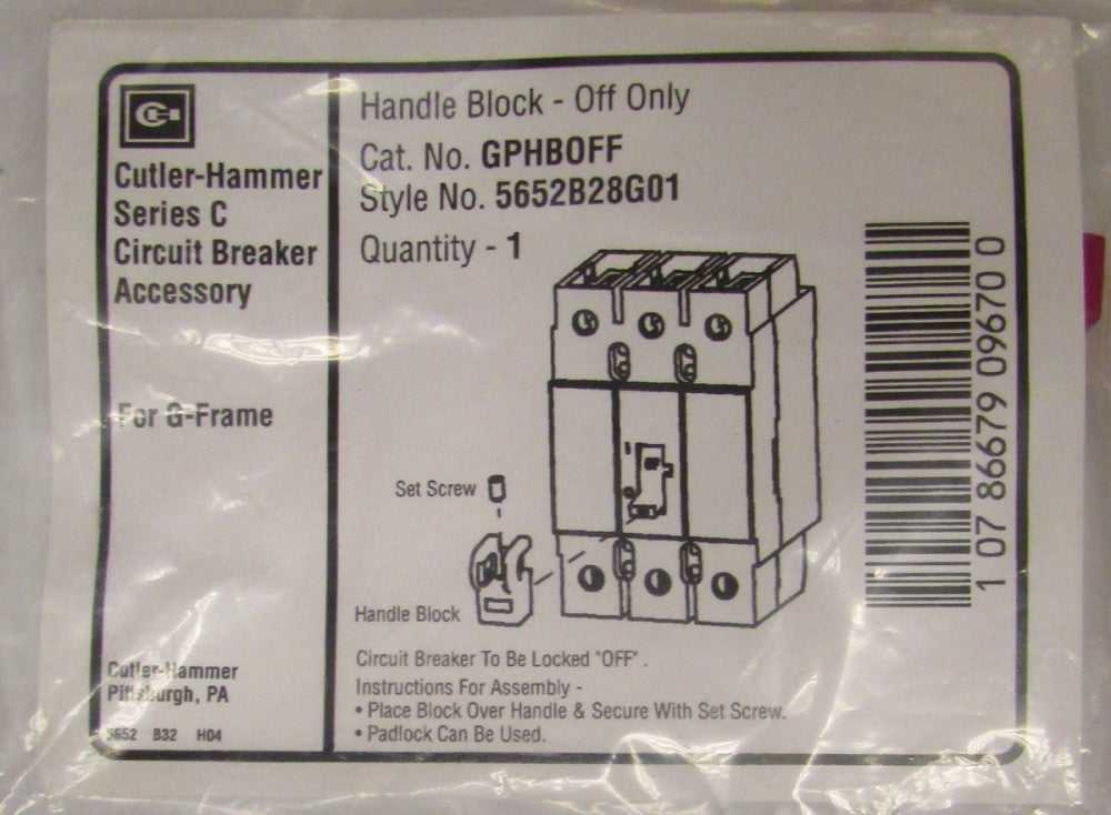 CUTLER HAMMER GPHB0FF G Frame Handle Block Off Only Lockout Red 5652B28G01
