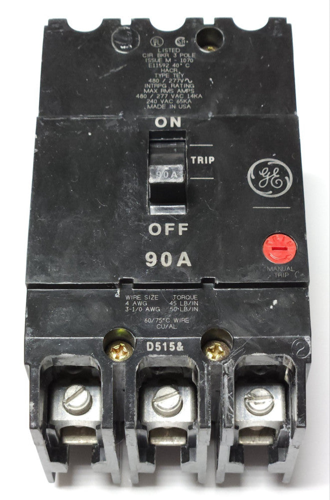 GENERAL ELECTRIC TEY390 3 Pole 90 AMP Type TEY Circuit Breaker 277 480 VAC