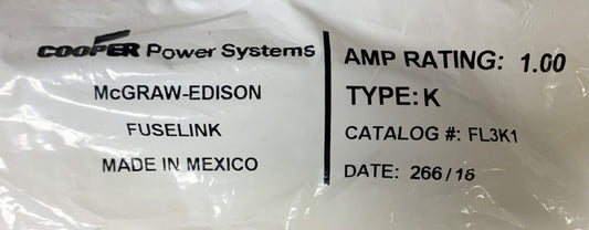 COOPER McGraw Edison FL3K1 Type K 1 AMP Fuse Link