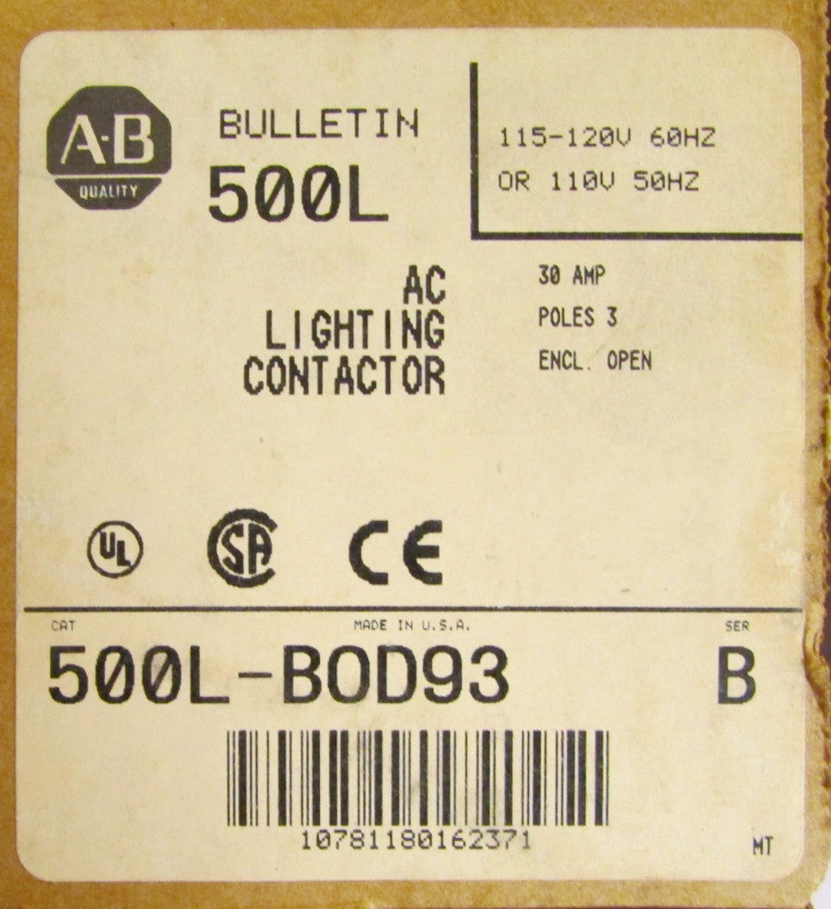 ALLEN BRADLEY Lighting Contactor 110/120V AC 3 Pole 30 Amp 500L B0D93 