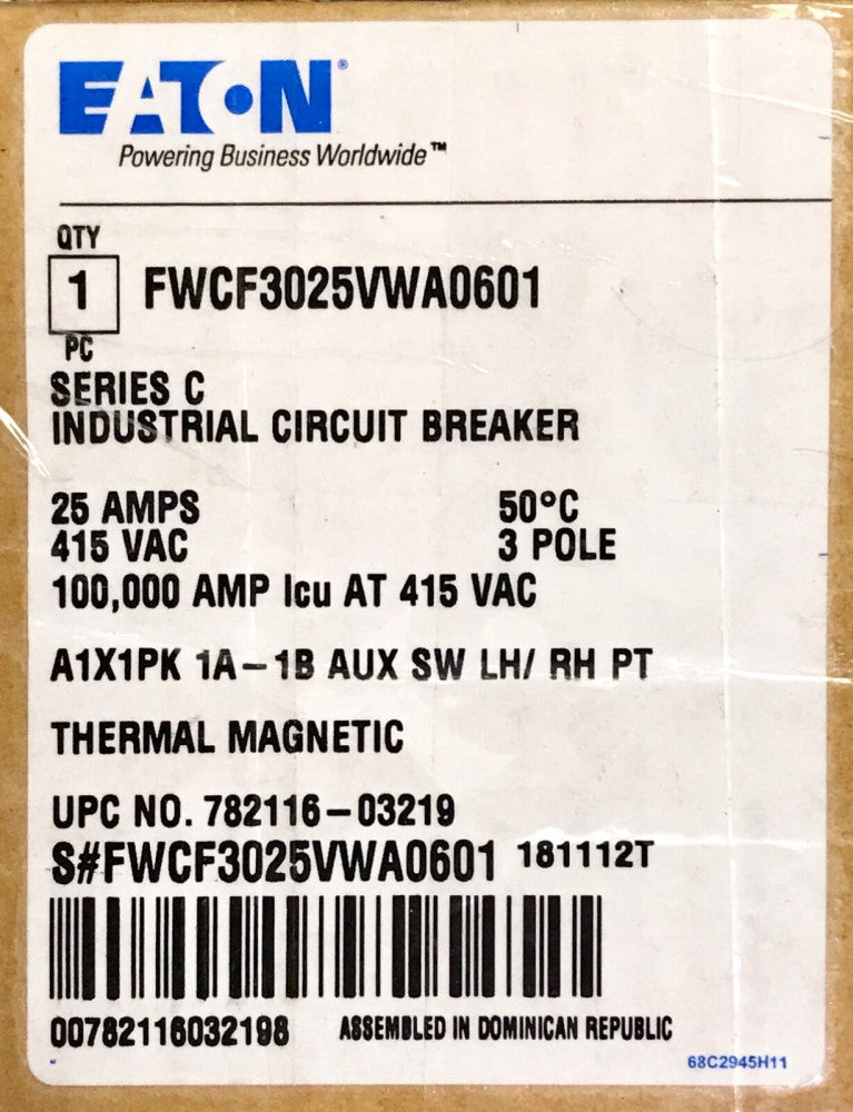 EATON CUTLER HAMMER FWCF3025VWA0601 25 AMP 415 VAC 50 FWC 100K Circuit Breaker