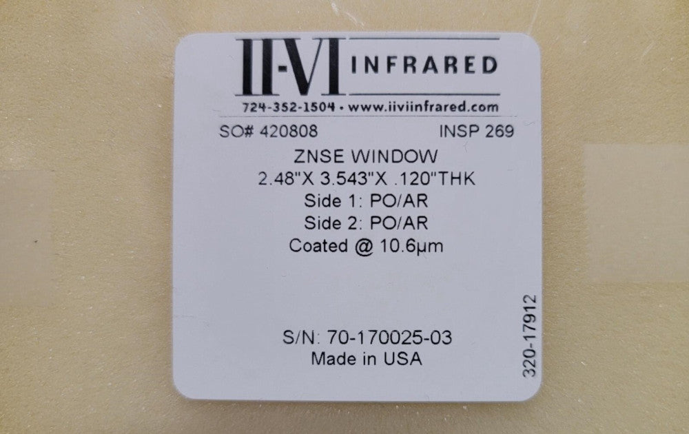 320-17912 II-VI Infrared ZNSE Window 2.48"x3.543"x.120" THK Brand New!