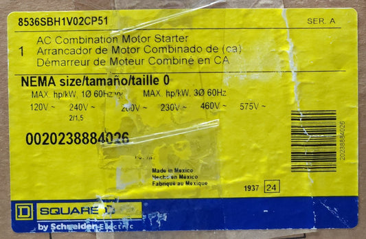 SQUARE D 8536SBH1V02CP51 Size 0 Combination Motor Starter 120 VAC 2 HP 1.5 KW Ne