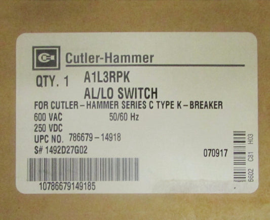 EATON CUTLER HAMMER A1L3RPK AL LO Switch for F Frame Breaker 1492D272G02