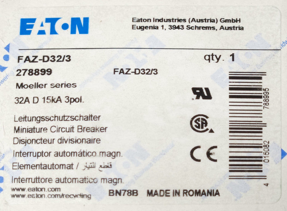 EATON MOELLER FAZ D32/3 MCB Miniature Circuit Breaker 32 AMP 3 Pole 278899 FAZ D