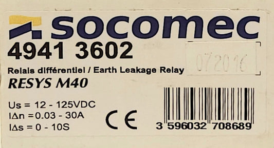 SOCOMEC 4941 3602 Resys M40 Earth Leakage Relay 12-24 VDC 0.03-30 AMP 0-10S