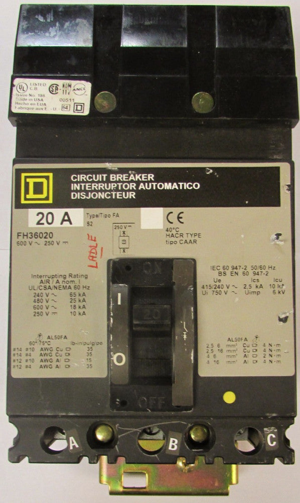 SQUARE D Type FH FA I Line Breaker 3 Pole 20 Amp 600V FH36020