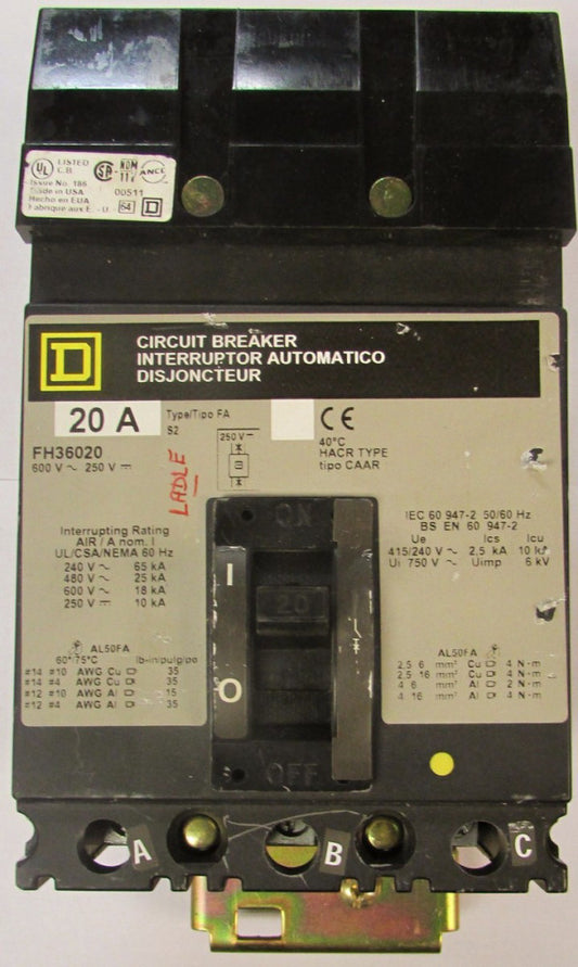 SQUARE D Type FH FA I Line Breaker 3 Pole 20 Amp 600V FH36020