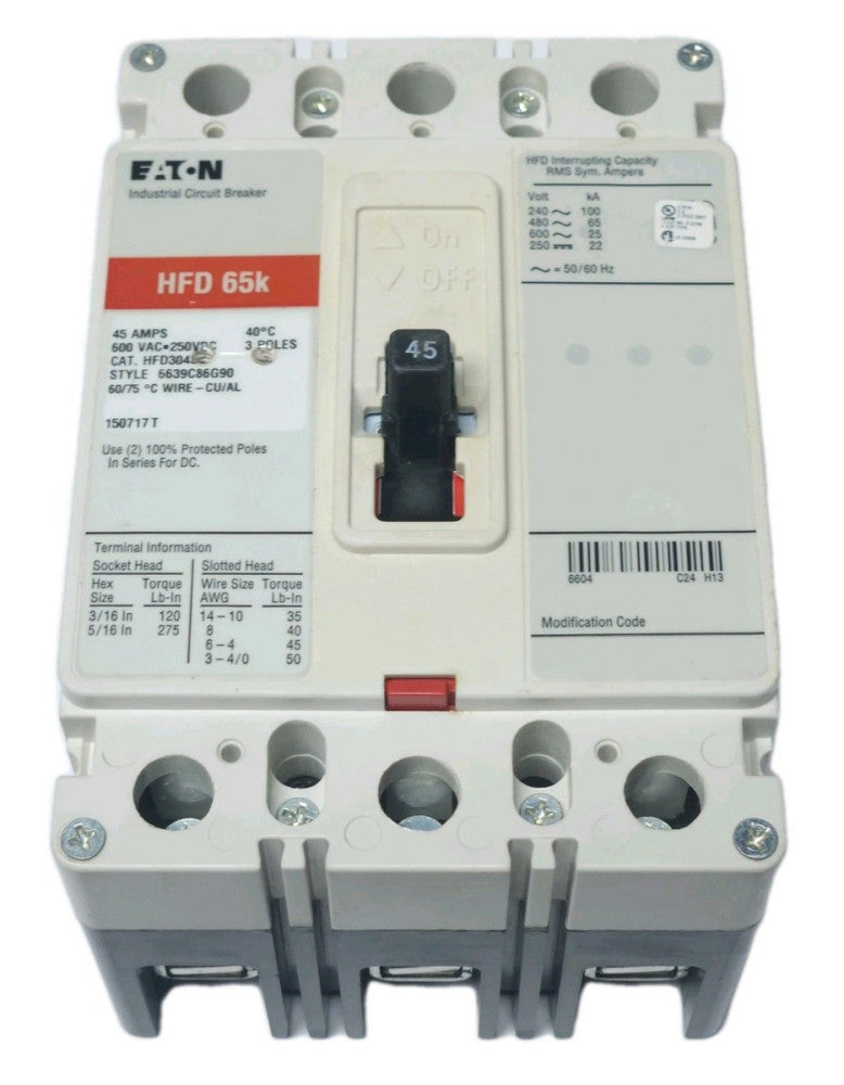 EATON CUTLER HAMMER HFD3045 3 Pole 45 AMP Type HFD Circuit Breaker HASP LOCK HOL