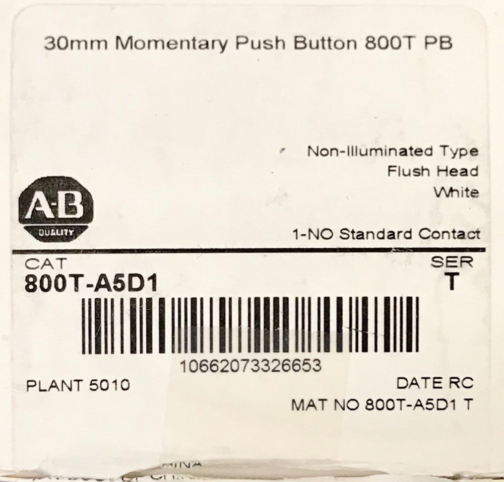 ALLEN BRADLEY 800T-A5D1 White Flush Head Pushbutton 1 NO Contact Block 800T A5D1