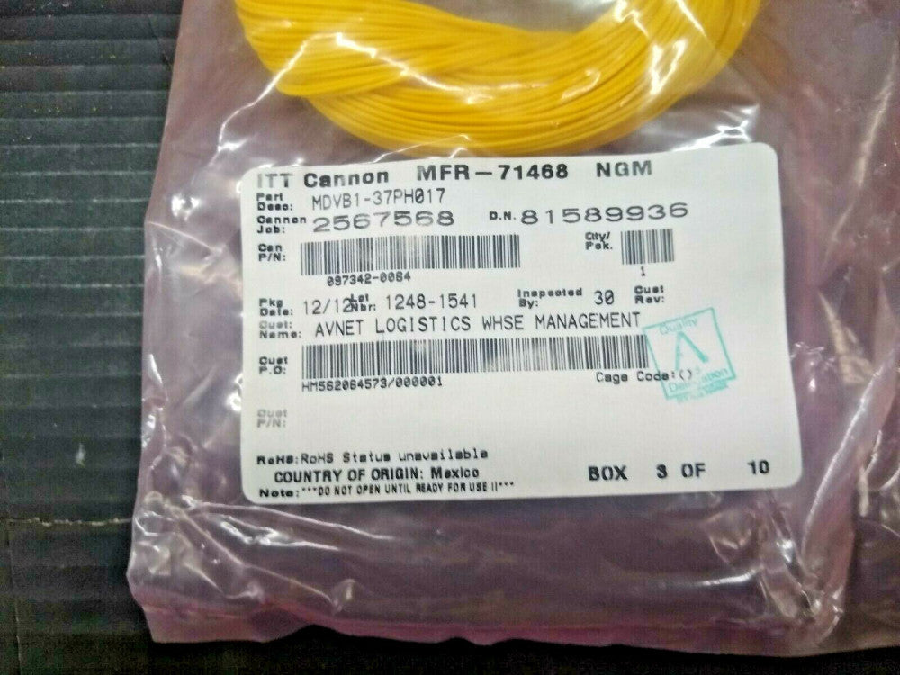 New, ITT Cannon, MDVB1-37PH017, CABLE ASSEMBLY COAXIAL 1.828M 26AWG 37POS D-SUB 