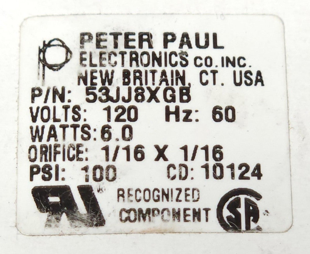 PETER PAUL 53JJ8XGB Solenoid Valve 120 VAC 100 psi 1/16 x 1/16 ORFICE 6 Watt