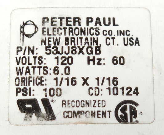 PETER PAUL 53JJ8XGB Solenoid Valve 120 VAC 100 psi 1/16 x 1/16 ORFICE 6 Watt
