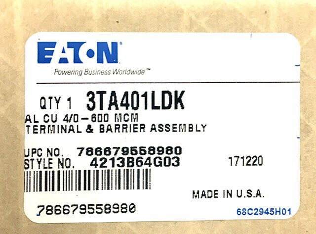 EATON CUTLER HAMMER 3TA401LDK L Frame TYPE  LD HLD LUG Terminal Kit 4213B64G03