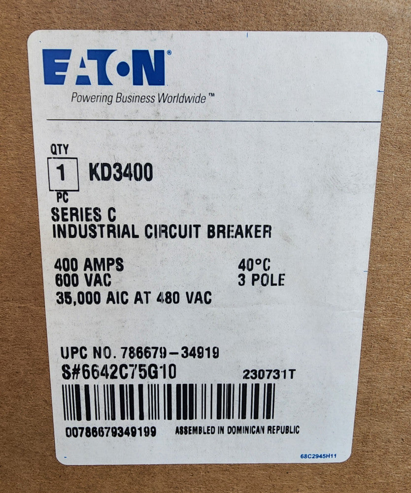EATON CUTLER HAMMER KD3400 3 Pole 400 AMP Type KD Circuit Breaker