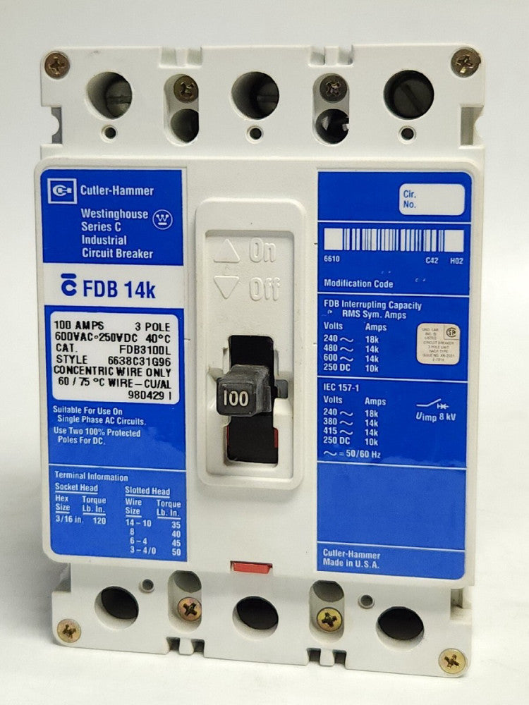 CUTLER HAMMER WESTINGHOUSE FDB3100L 3 Pole 100 AMP Type FDB Circuit Breaker