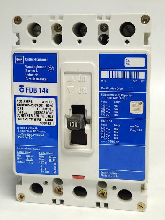 CUTLER HAMMER WESTINGHOUSE FDB3100L 3 Pole 100 AMP Type FDB Circuit Breaker
