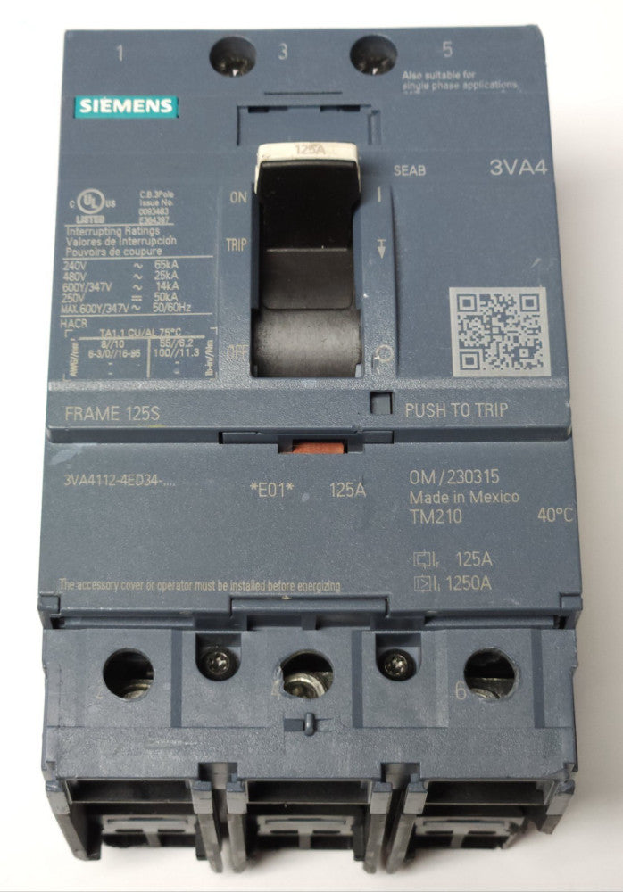 SIEMENS 3VA4112 4ED34 0AA0 3 Pole 125 AMP 3VA4 FRAME 125S Circuit Breaker