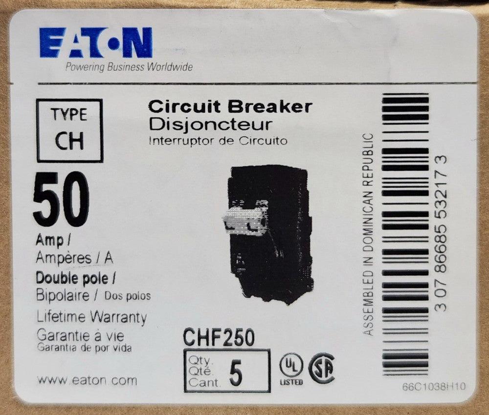 EATON CUTLER HAMMER CHF250 CH250 2 Pole 50 AMP Type CH Circuit Breaker