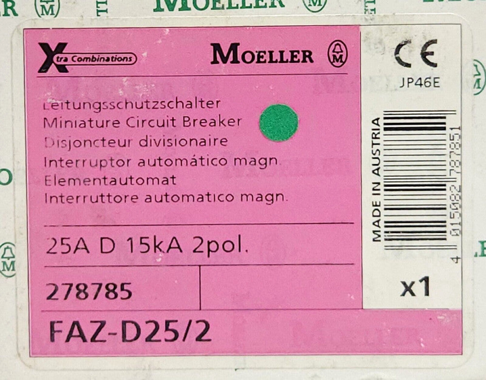 MOELLER FAZ-D25/2 2 Pole 25 AMP 277/480 VAC Miniature Circuit Breaker