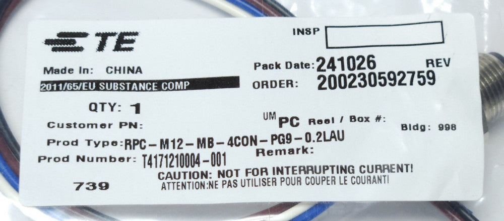 TE CONNECTIVITY T4171210004 001 MOUSER 571-T417 RPC M12 MB 4CON PG9 0.2LAU 4 Pol