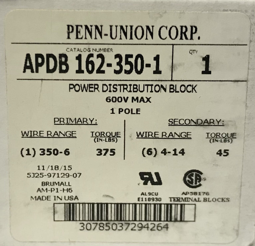 PENN UNION APDB 162 350 1 Power Distribution Block 600 VAC 1Pole Primary(1)350-6
