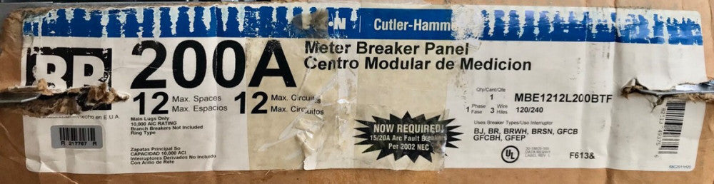 EATON CUTLER HAMMER MBE1212L200BTF 200 AMP Type BR Meter Breaker Panel 120 240 V