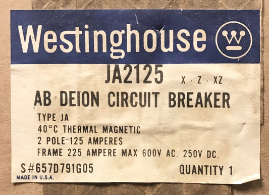 WESTINGHOUSE CUTLER HAMMER JA2125 2 Pole 125 AMP Type JA Circuit Breaker