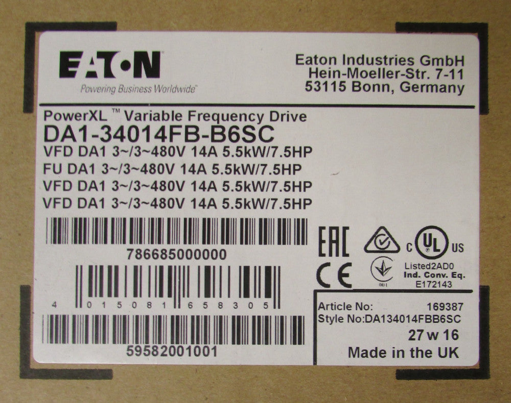 EATON DA1 34014FB B6SC 7.5HP 480V Power XL DC1 VFD Variable Frequency Drive