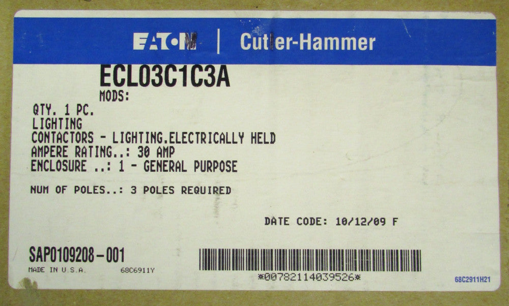 EATON CUTLER HAMMER Lighting Contactor Nema 1 Enclosure 3 Pole 30 Amp ECL03C1C3A