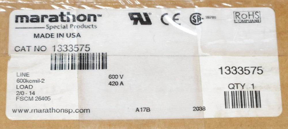 MARATHON 1333575 3 Pole 420 AMP Power Distribution Block 600 VAC LINE 600 kcmil