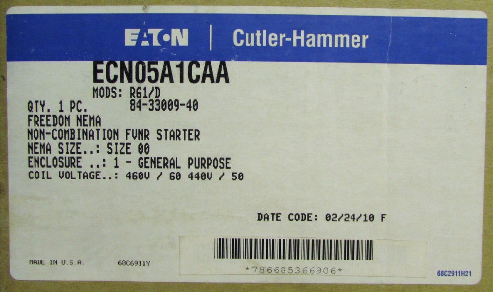 EATON CUTLER HAMMER ECN05A1CAA Size 00 440/480V Starter AN14AN0 Nema 1 Enclosure