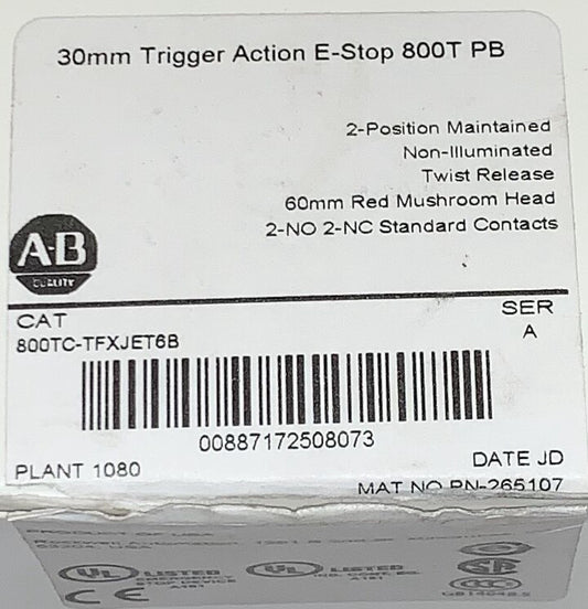 ALLEN BRADLEY 800TC TFXJET6B 30mm Trigger Action Emergency Stop 2 Pos Maintained