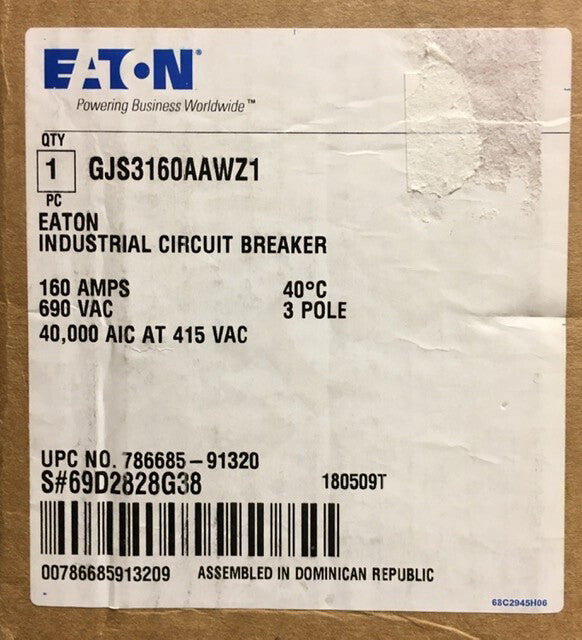 EATON CUTLER HAMMER GJS3160AAWZ1 3Pole 160AMP Series G Type GJS Circuit Breaker