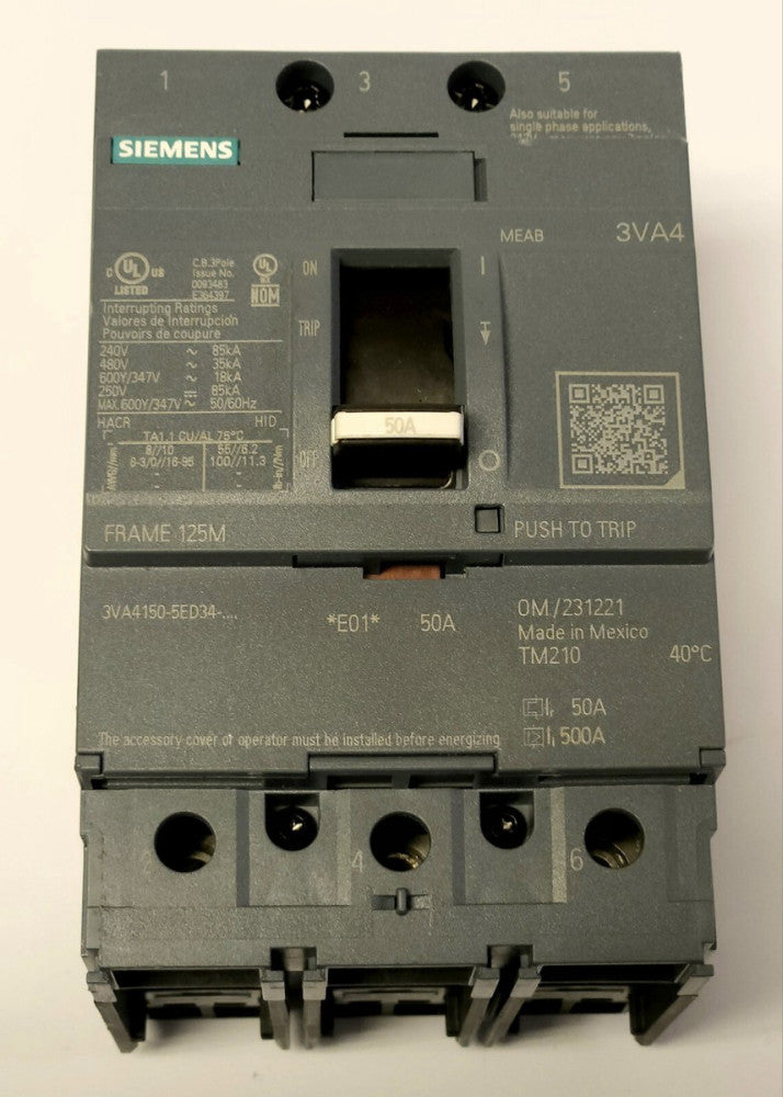 SIEMENS 3VA4150 5ED34 0AA0 3 Pole 50 AMP 3VA4 FRAME 125M Circuit Breaker
