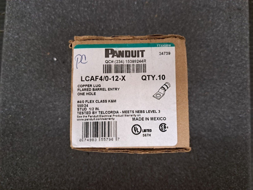New, Panduit, LCAF4/0-12-X, CONN TERM RECT LUG 4/0 AWG #1/2