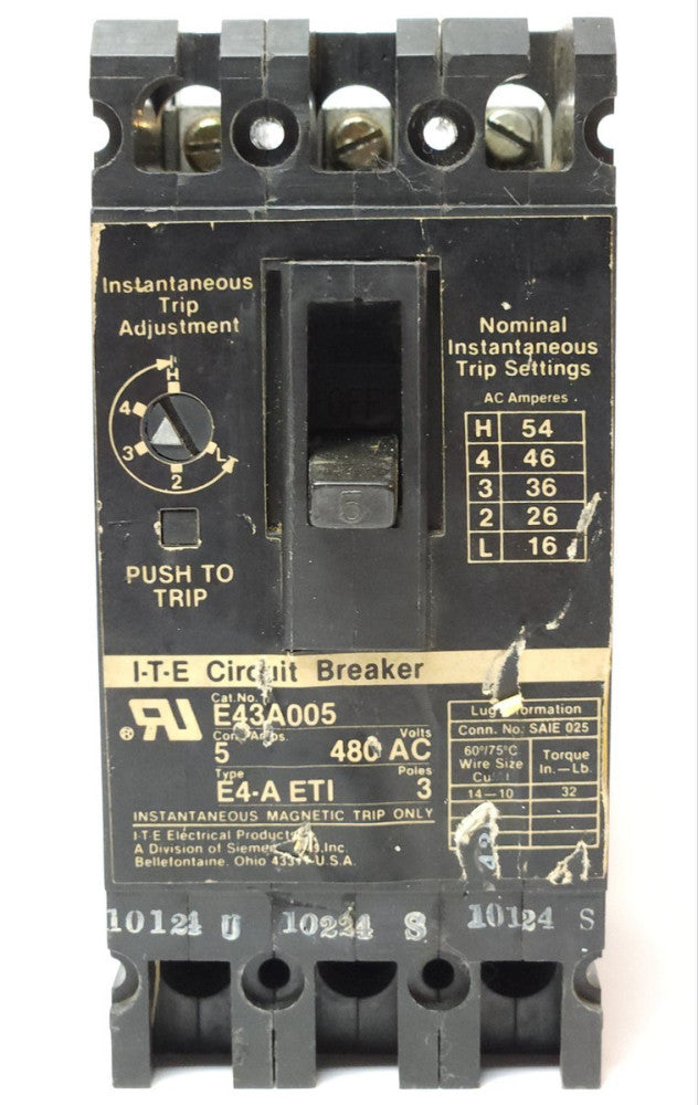 ITE SIEMENS E43A005 3 Pole 5 AMP Type E4-A ETI Circuit Breaker Motor Protector