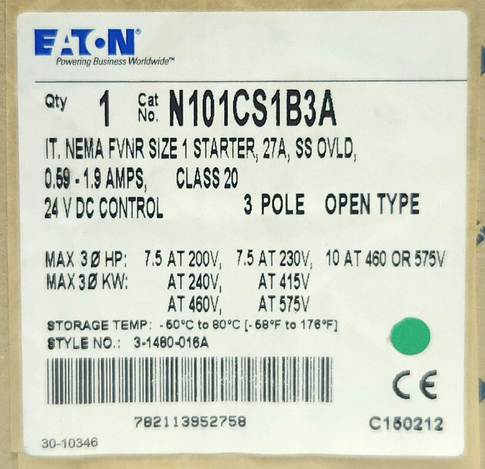 EATON N101CS1B3A IT NEMA FVNR Size 1 Starter 27 AMP 3 Pole 24 VDC 3-10 Hp