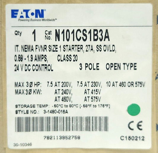 EATON N101CS1B3A IT NEMA FVNR Size 1 Starter 27 AMP 3 Pole 24 VDC 3-10 Hp