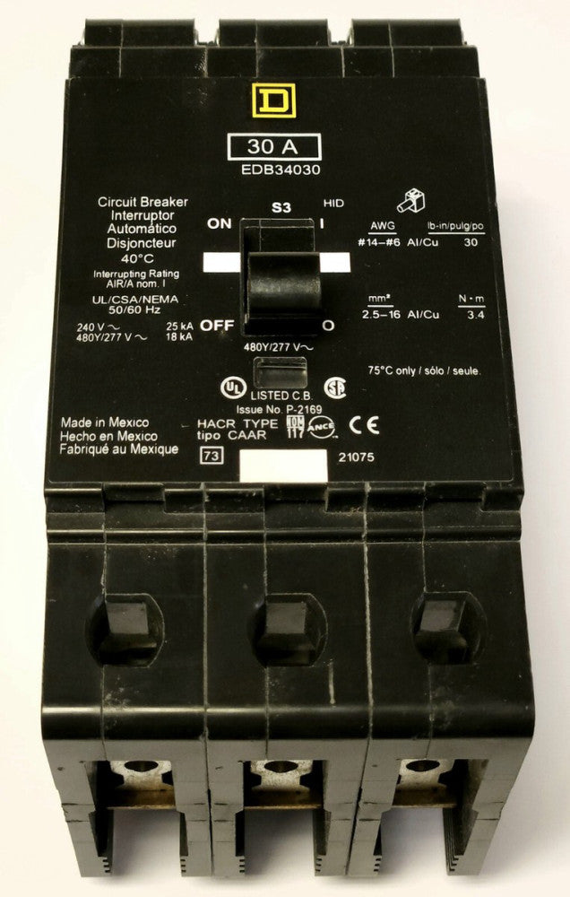 SQUARE D EDB34030 3 Pole 30 AMP Type EDB Circuit Breaker 277 480 VAC