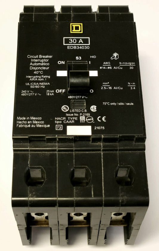 SQUARE D EDB34030 3 Pole 30 AMP Type EDB Circuit Breaker 277 480 VAC