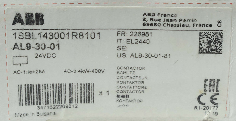 ABB AL9 30 01 3 Pole 24 VDC Contactor 1 NO Pole AC-3 4KW-400V 1SBL143001R8101